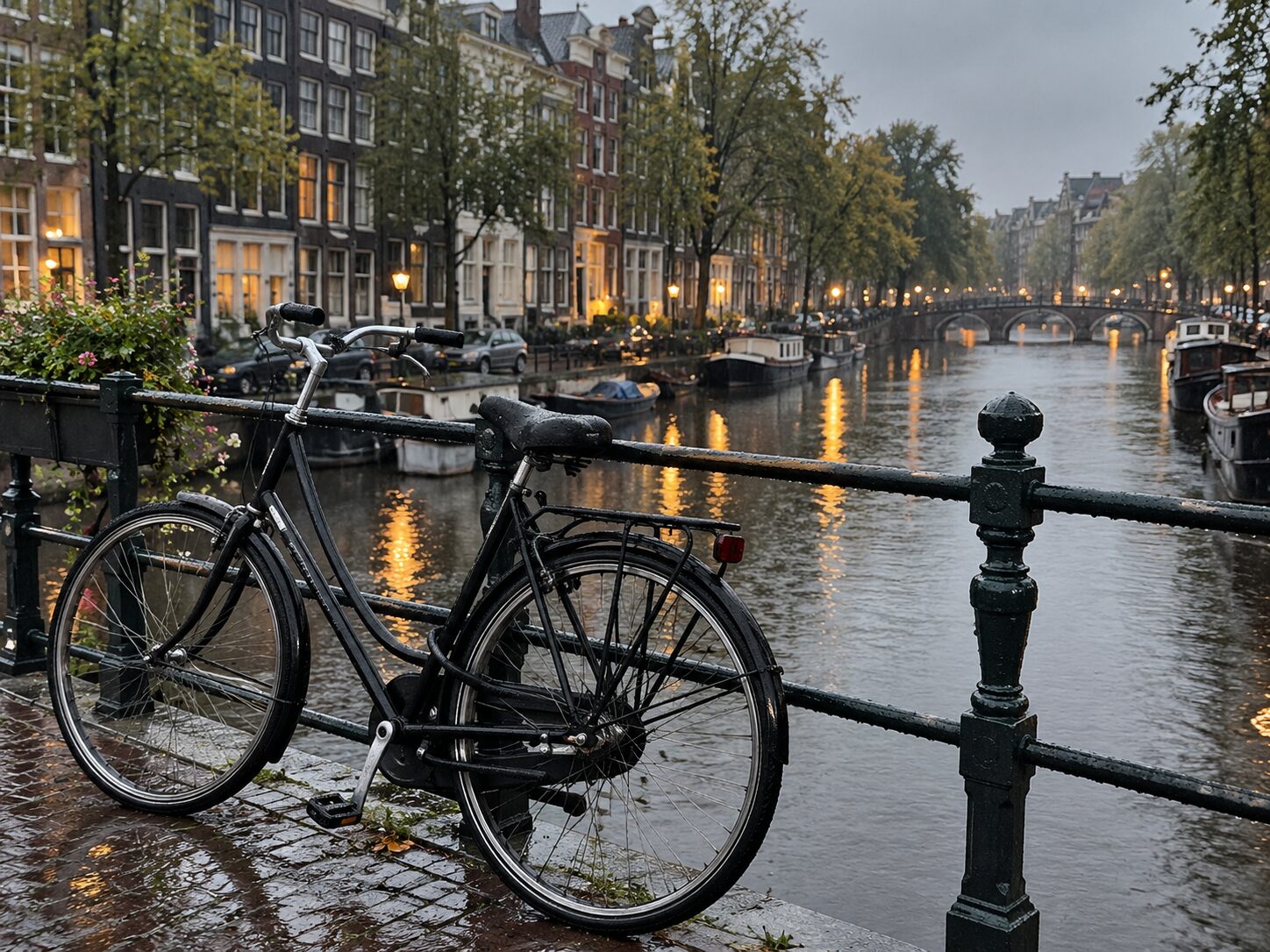 Vélo sous la pluie le long d'un canal