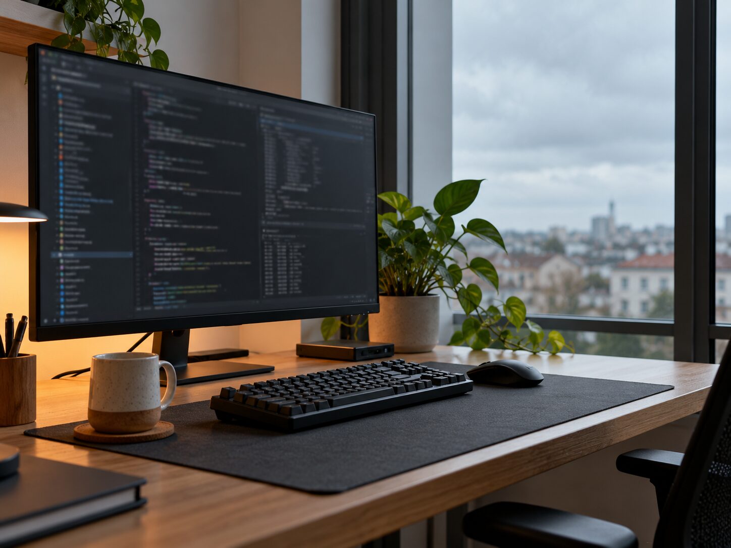 Bureau minimaliste avec un terminal ouvert à l'écran